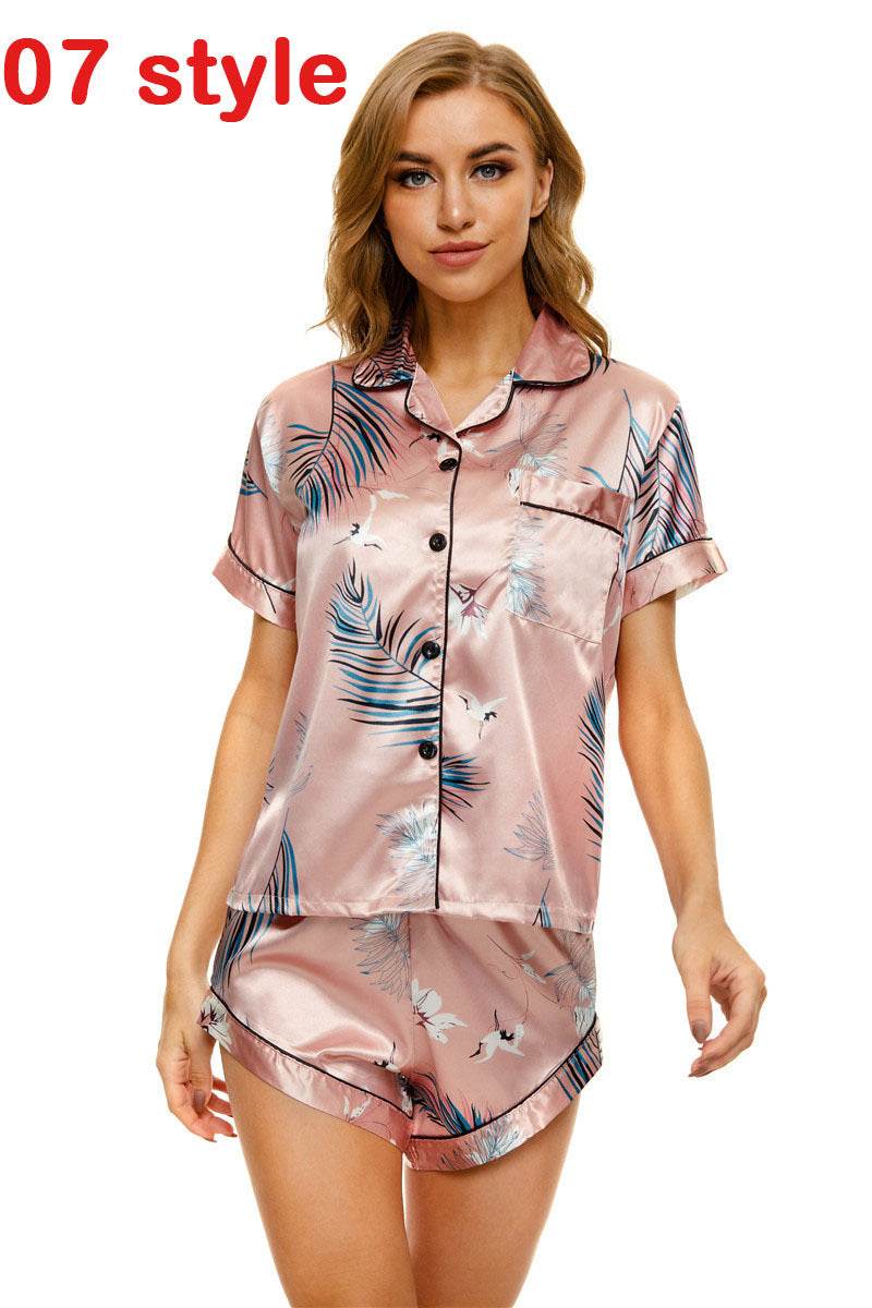 Summer Satin Women Pajams Print V-Neck Stretch Lingerie Female Sleepwear Casual Shorts Set Loungewear Women - Mubimart