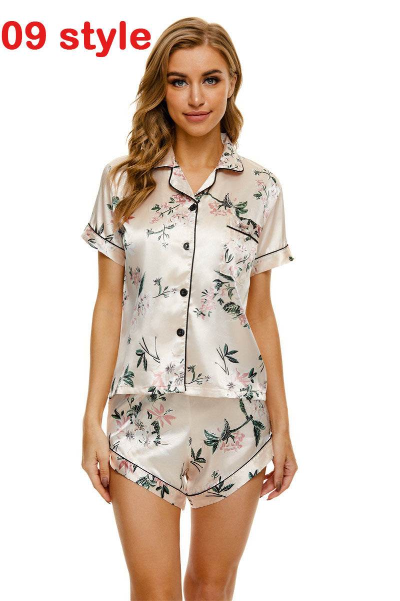 Summer Satin Women Pajams Print V-Neck Stretch Lingerie Female Sleepwear Casual Shorts Set Loungewear Women - Mubimart