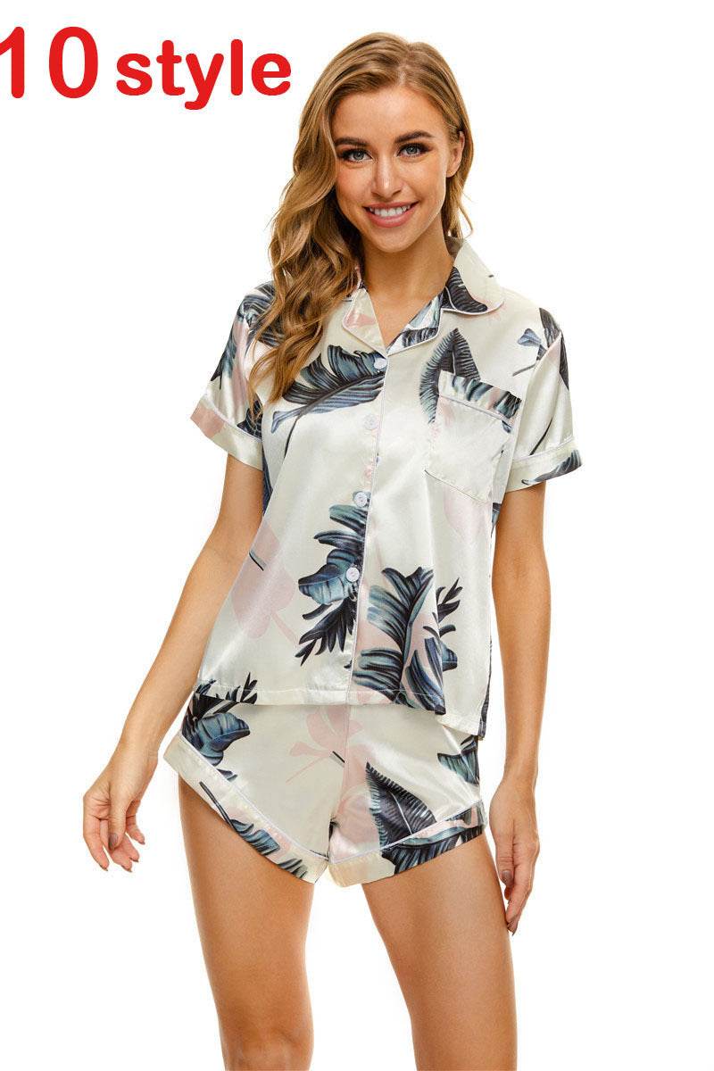 Summer Satin Women Pajams Print V-Neck Stretch Lingerie Female Sleepwear Casual Shorts Set Loungewear Women - Mubimart
