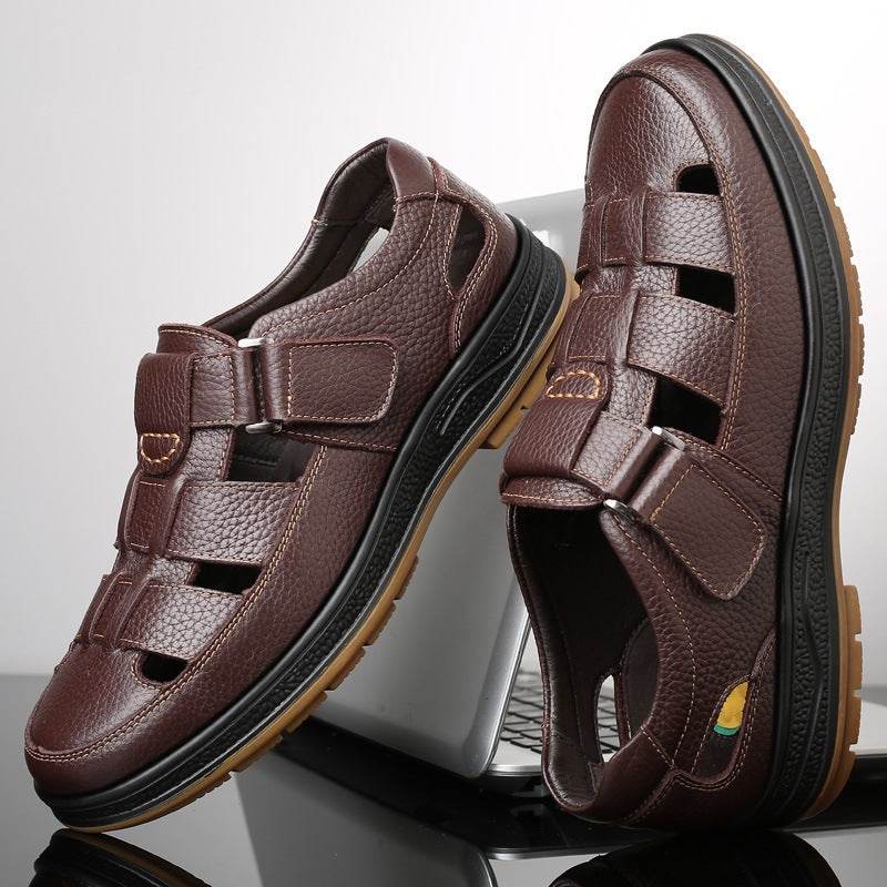 Leather Middle-aged Baotou Sandals Men's Hollow Breathable Leather Shoes - Mubimart