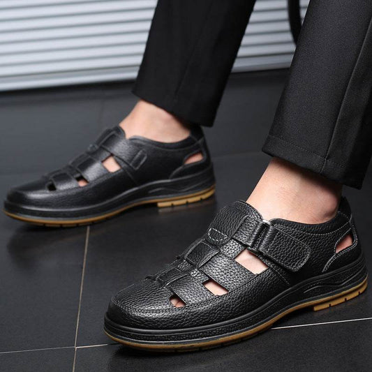 Leather Middle-aged Baotou Sandals Men's Hollow Breathable Leather Shoes - Mubimart