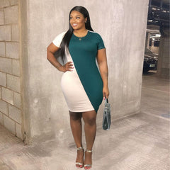 Lovely Plus Size Casual O Neck Color-lump Green Mini Dress - Mubimart - Plus Size Mini Dress 