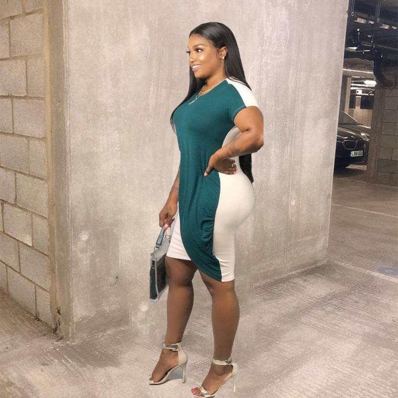 Lovely Plus Size Casual O Neck Color-lump Green Mini Dress - Mubimart