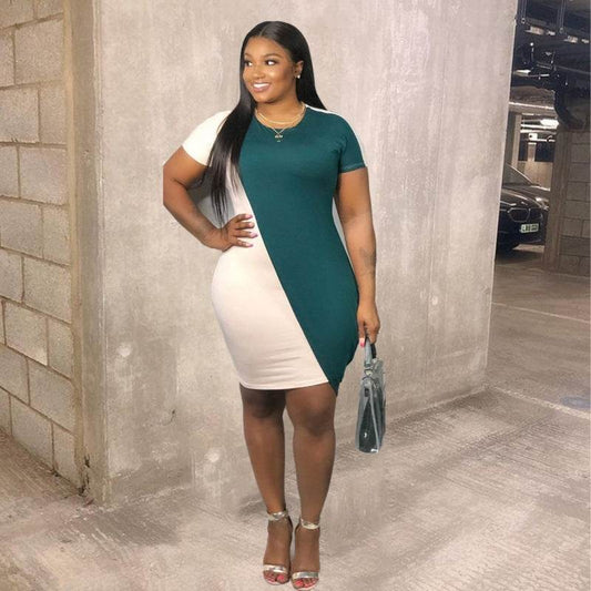 Lovely Plus Size Casual O Neck Color-lump Green Mini Dress - Mubimart