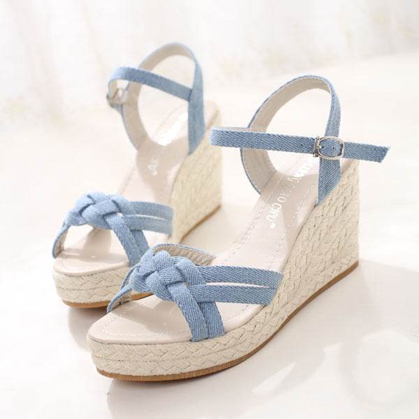 Cow Carefully Bring Espadrille Wedge Heel Platform Women's Shoes Straw Sandals - Mubimart