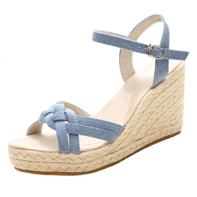 Cow Carefully Bring Espadrille Wedge Heel Platform Women's Shoes Straw Sandals - Mubimart