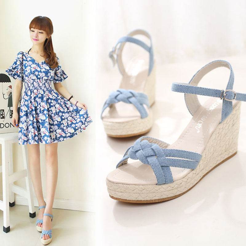 Cow Carefully Bring Espadrille Wedge Heel Platform Women's Shoes Straw Sandals - Mubimart