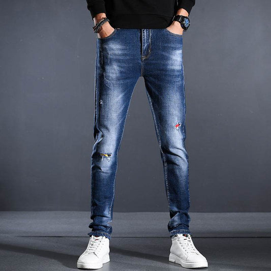 Jeans Men's Four Seasons Slim Fit Hole - Mubimart