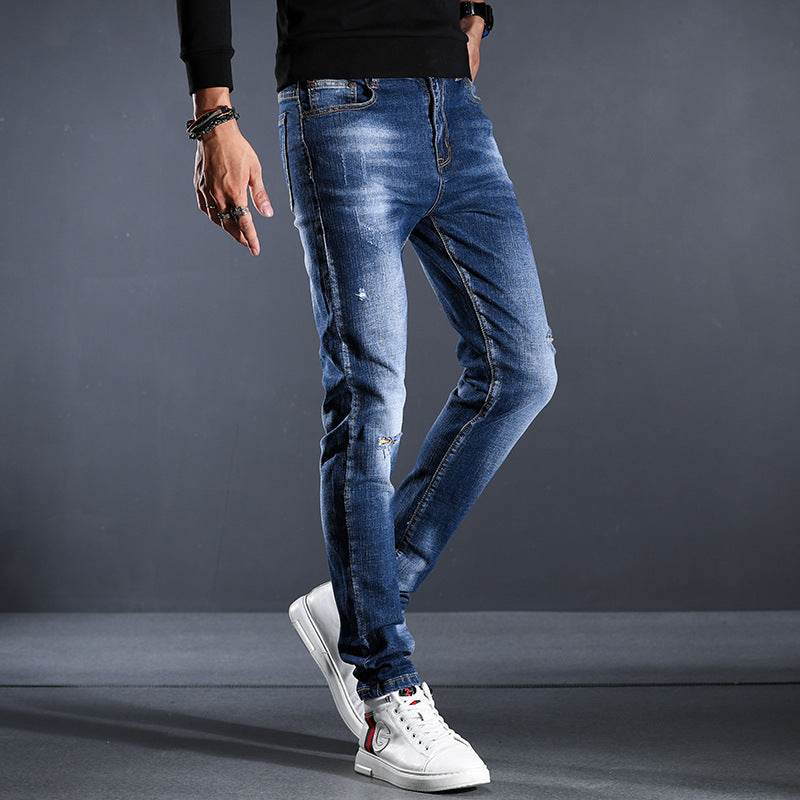 Jeans Men's Four Seasons Slim Fit Hole - Mubimart