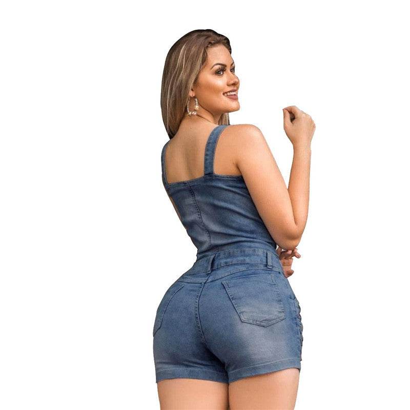 Plus Size Elegance Cotton Jeans Woman Ladies Short Romper - Mubimart