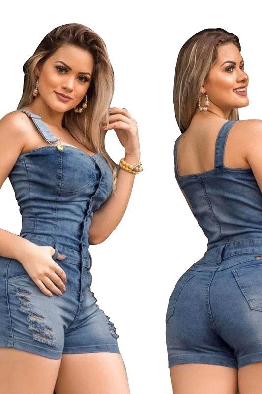 Plus Size Elegance Cotton Jeans Woman Ladies Short Romper - Mubimart