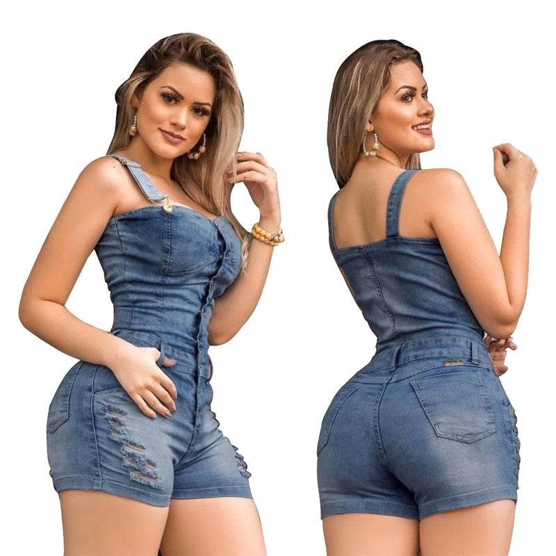 Plus Size Elegance Cotton Jeans Woman Ladies Short Romper - Mubimart