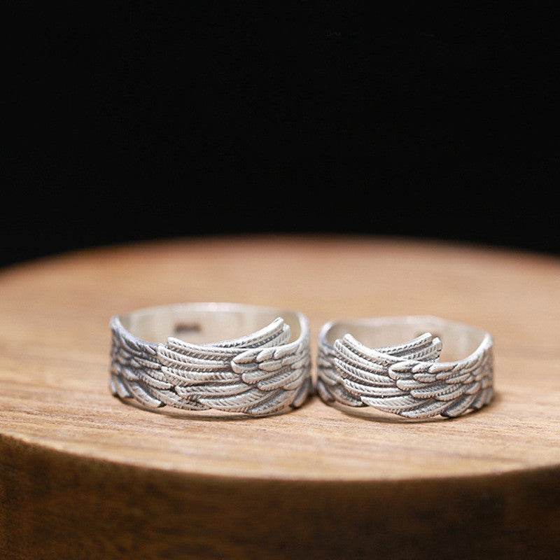 990 Sterling Silver Ring, Live Mouth Pure Silver Feather Couple Sterling Silver Ring Pair Ring - Mubimart