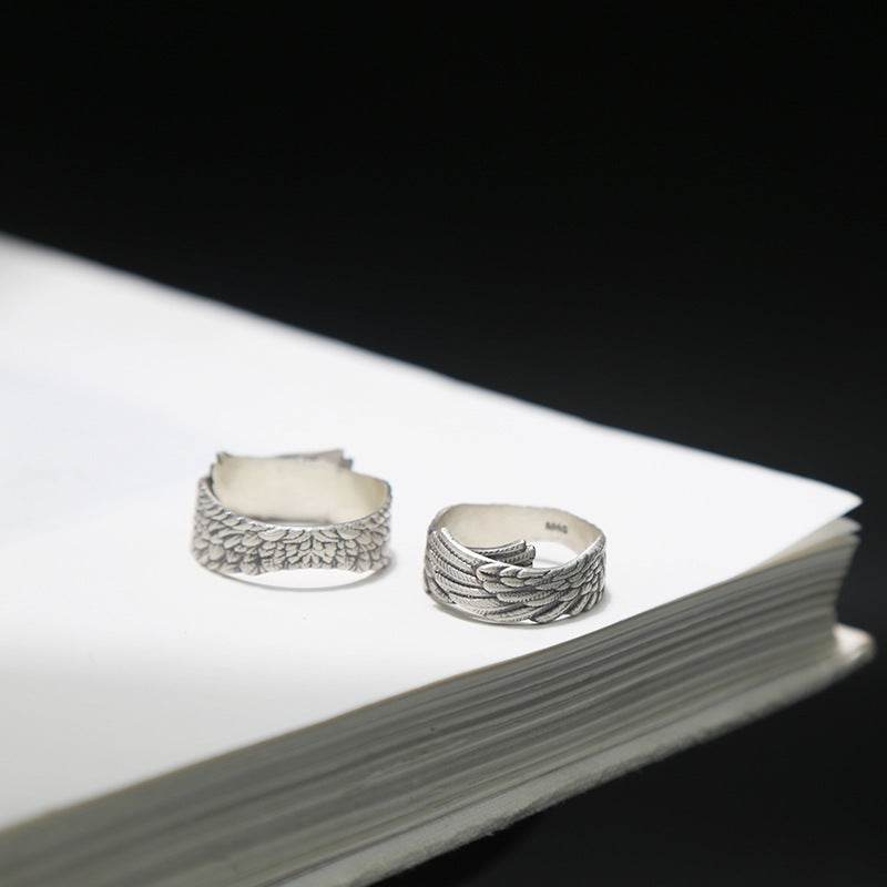 990 Sterling Silver Ring, Live Mouth Pure Silver Feather Couple Sterling Silver Ring Pair Ring - Mubimart