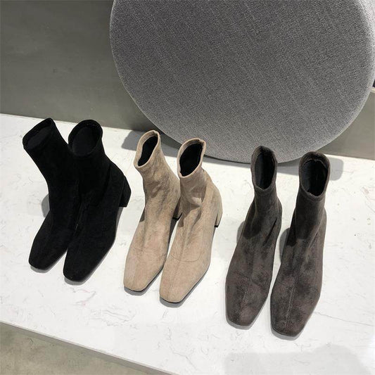 Block Heel Square Toe Elastic Boots - Mubimart
