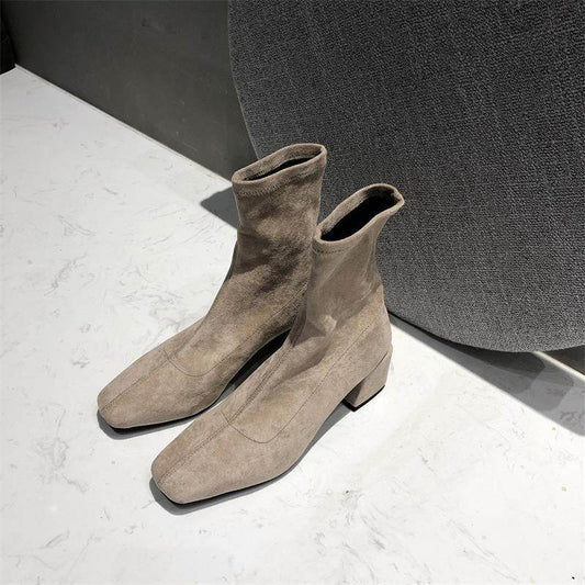 Block Heel Square Toe Elastic Boots - Mubimart