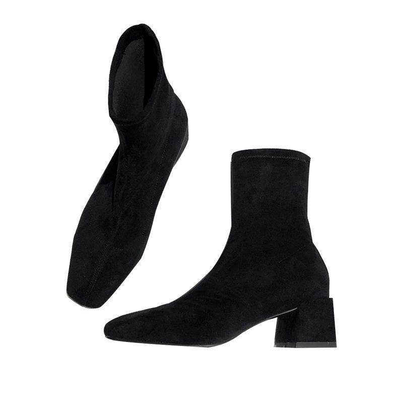 Block Heel Square Toe Elastic Boots - Mubimart