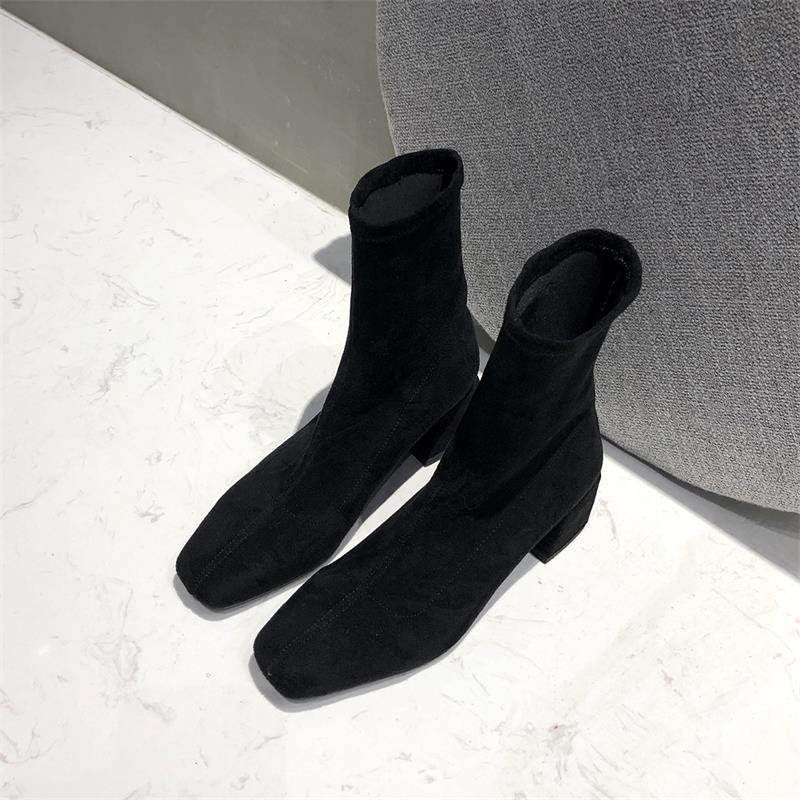 Block Heel Square Toe Elastic Boots - Mubimart