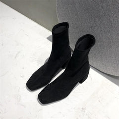 Block Heel Square Toe Elastic Boots