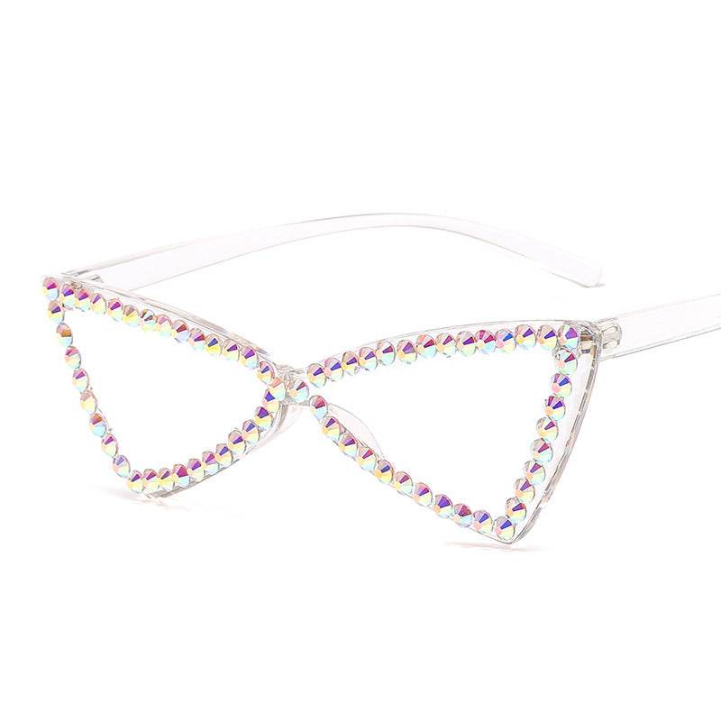 Retro Triangle Rimless Glasses Rhinestone Sunglasses Ladies Cat Eye Sunglasses - Mubimart