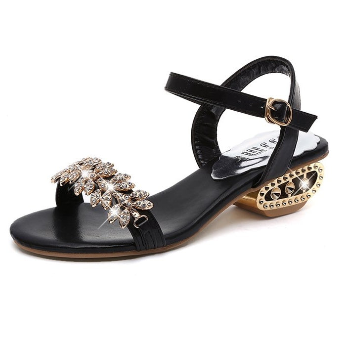 Flat Block Heel Sandals With Rhinestone Mid-heel Buckle