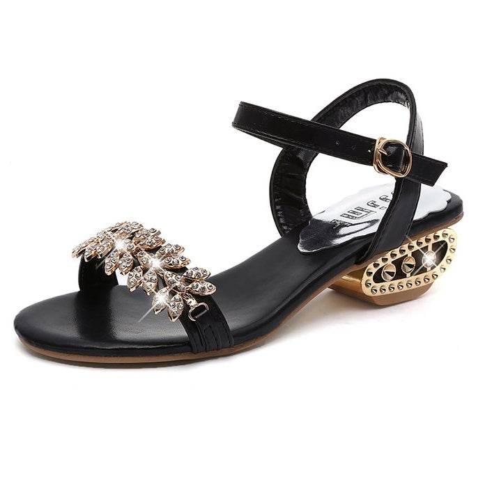 Flat Block Heel Sandals With Rhinestone Mid-heel Buckle - Mubimart