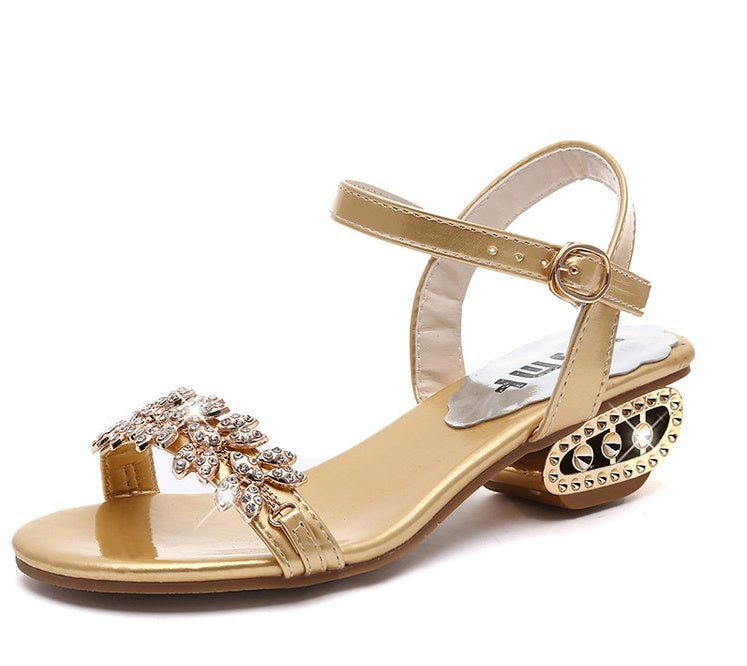 Flat Block Heel Sandals With Rhinestone Mid-heel Buckle