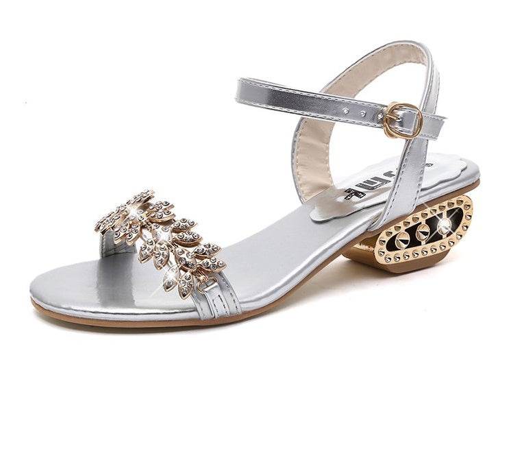 Flat Block Heel Sandals With Rhinestone Mid-heel Buckle - Mubimart