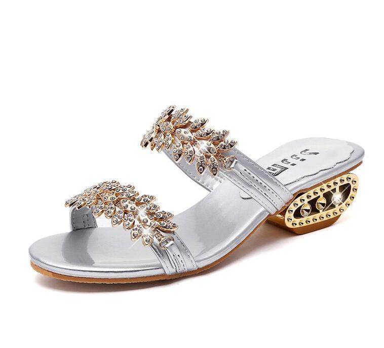 Flat Block Heel Sandals With Rhinestone Mid-heel Buckle - Mubimart