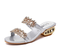 Flat Block Heel Sandals With Rhinestone Mid-heel Buckle