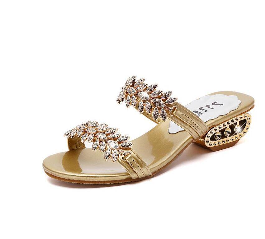 Flat Block Heel Sandals With Rhinestone Mid-heel Buckle - Mubimart