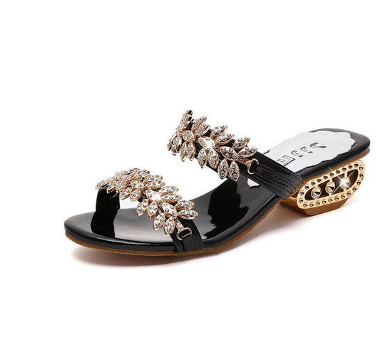 Flat Block Heel Sandals With Rhinestone Mid-heel Buckle - Mubimart