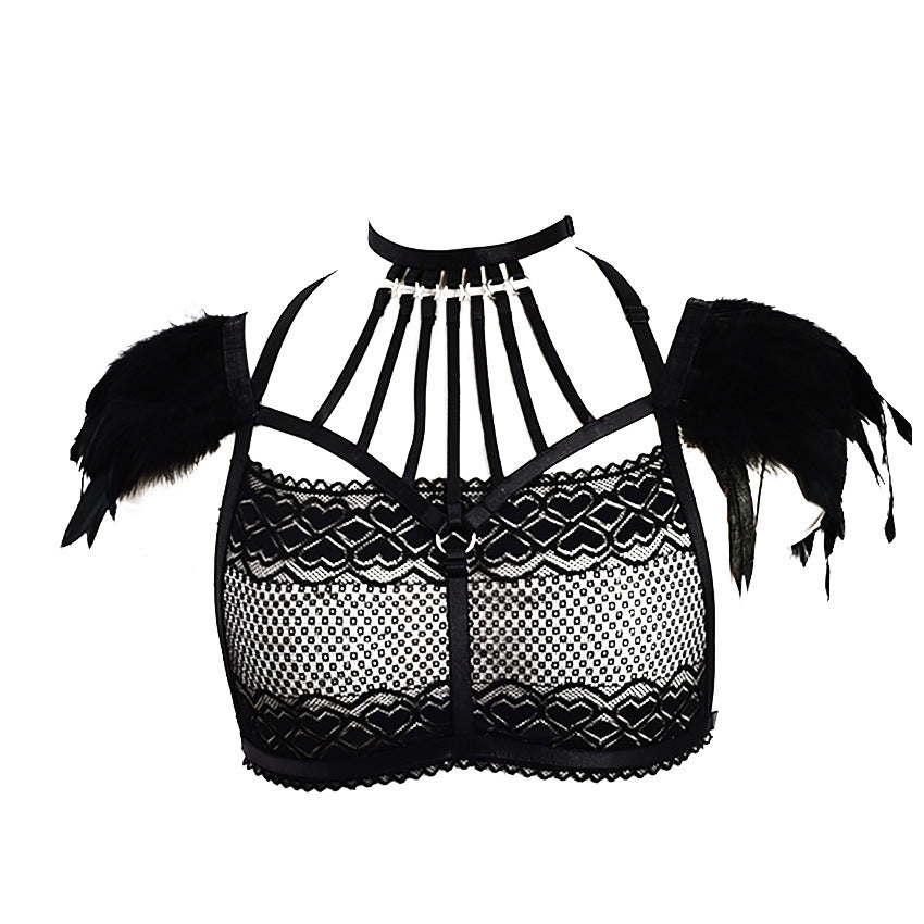 Three Point Lace Bra And Feather Sexy Lingerie - Mubimart -  