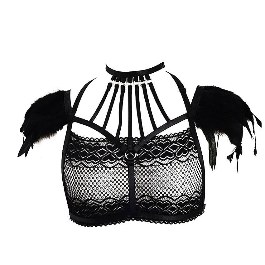 Three Point Lace Bra And Feather Sexy Lingerie - Mubimart