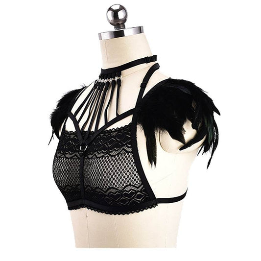 Three Point Lace Bra And Feather Sexy Lingerie - Mubimart