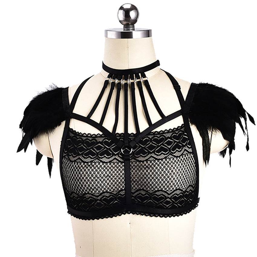 Three Point Lace Bra And Feather Sexy Lingerie - Mubimart