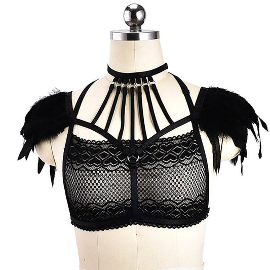 Three Point Lace Bra And Feather Sexy Lingerie - Mubimart