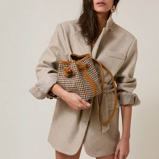 Button Bucket Bag Woolen Cloth Portable Messenger Bag Women - Mubimart