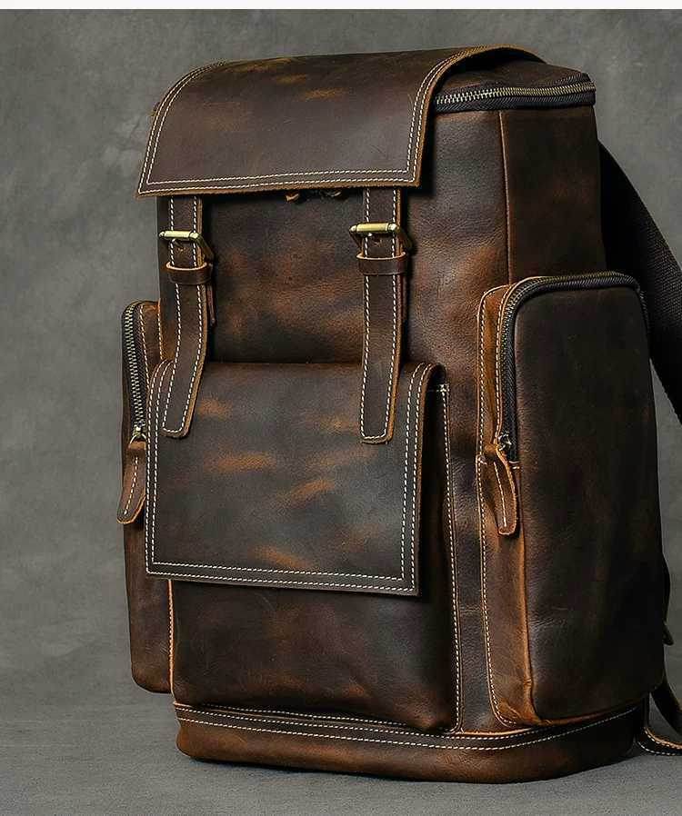 Retro Crazy Horse Leather Mens Backpack male computer bag Large Capacity 15.6 inch laptop bags genuine leather Travel Backpacks - Mubimart