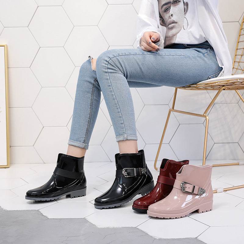 Rain Boots Women Adult Water Shoes Fashion Rubber Shoes Mid Tube Ladies Overshoes - Mubimart