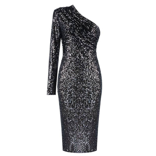 One-shoulder Dress Oblique Collar Wrapped Chest Evening Dress Fashion Sequins Nightclub Sexy - Mubimart