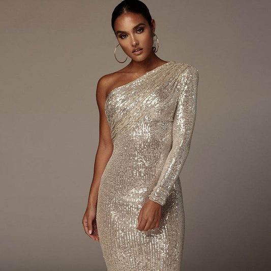 One-shoulder Dress Oblique Collar Wrapped Chest Evening Dress Fashion Sequins Nightclub Sexy - Mubimart
