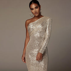 One-shoulder Dress Oblique Collar Wrapped Chest Evening Dress Fashion Sequins Nightclub Sexy - Mubimart - Alarm Device 