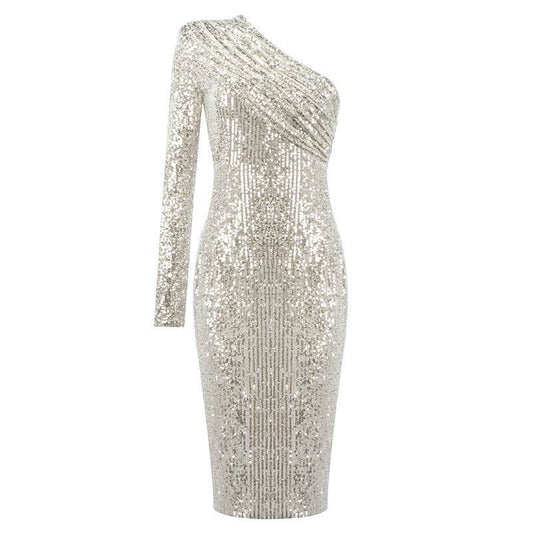 One-shoulder Dress Oblique Collar Wrapped Chest Evening Dress Fashion Sequins Nightclub Sexy - Mubimart