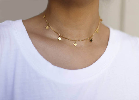 Stainless Steel Gold Silver Color 7 Star Choker Necklace for Women Dainty Star Necklace Statement Jewelry - Mubimart
