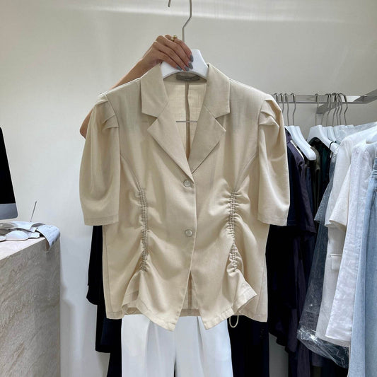 French V-Drawstring Folded Waist Blouse Women's Suit Collar Top Bubble Short Sleeve - Mubimart