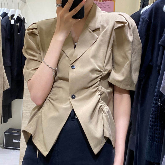 French V-Drawstring Folded Waist Blouse Women's Suit Collar Top Bubble Short Sleeve - Mubimart