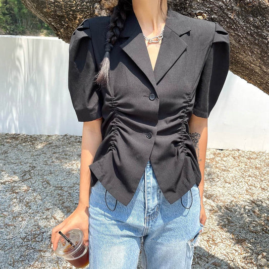 French V-Drawstring Folded Waist Blouse Women's Suit Collar Top Bubble Short Sleeve - Mubimart