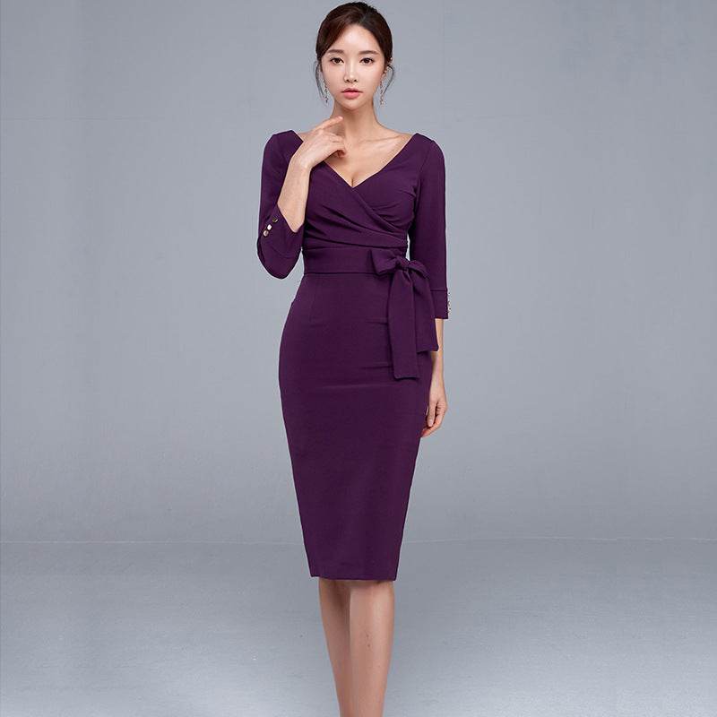 Pencil Skirt Sexy V-neck High Waist Elegant Work Party Dress Women - Mubimart