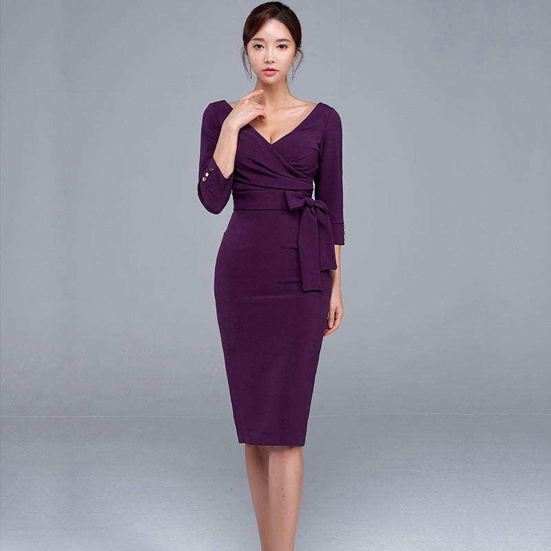 Pencil Skirt Sexy V-neck High Waist Elegant Work Party Dress Women - Mubimart - Work Dress 